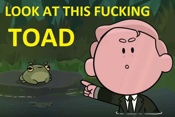 Still from one of Deep Blue Ink's animation where David Attenborough is pointing at a toad and saying 'Look at this fucking toad!'